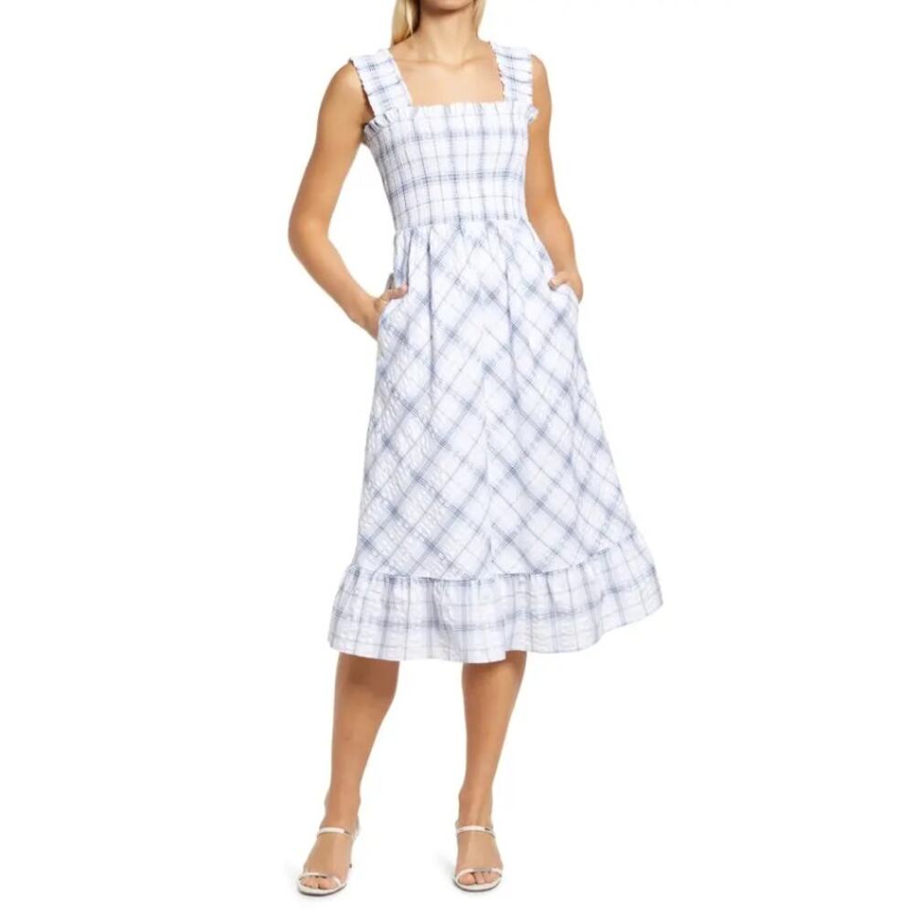Eliza J Blue Plaid Seersucker Smocked Midi Sundress Pinafore Cottagecore